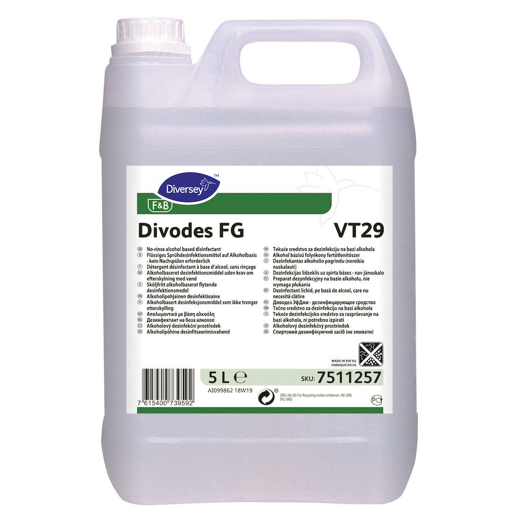 Divodes FG VT29 2x5L - Dezinfectant lichid, pe bază de alcool, care nu necesită clătire